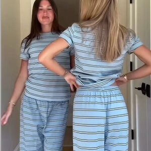 Parke x Macdonald sister Striped Blue pant & tee set